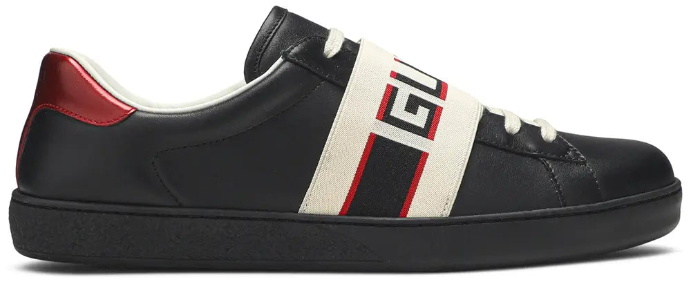 Gucci Mens Black New Ace Elastic Band Leather Flat Low Top Lace Sneakers